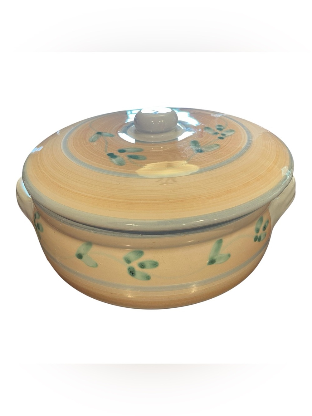 Caleca Casserole Dish Peach & White Italian Pottery Hand Painted Covered Bowl
